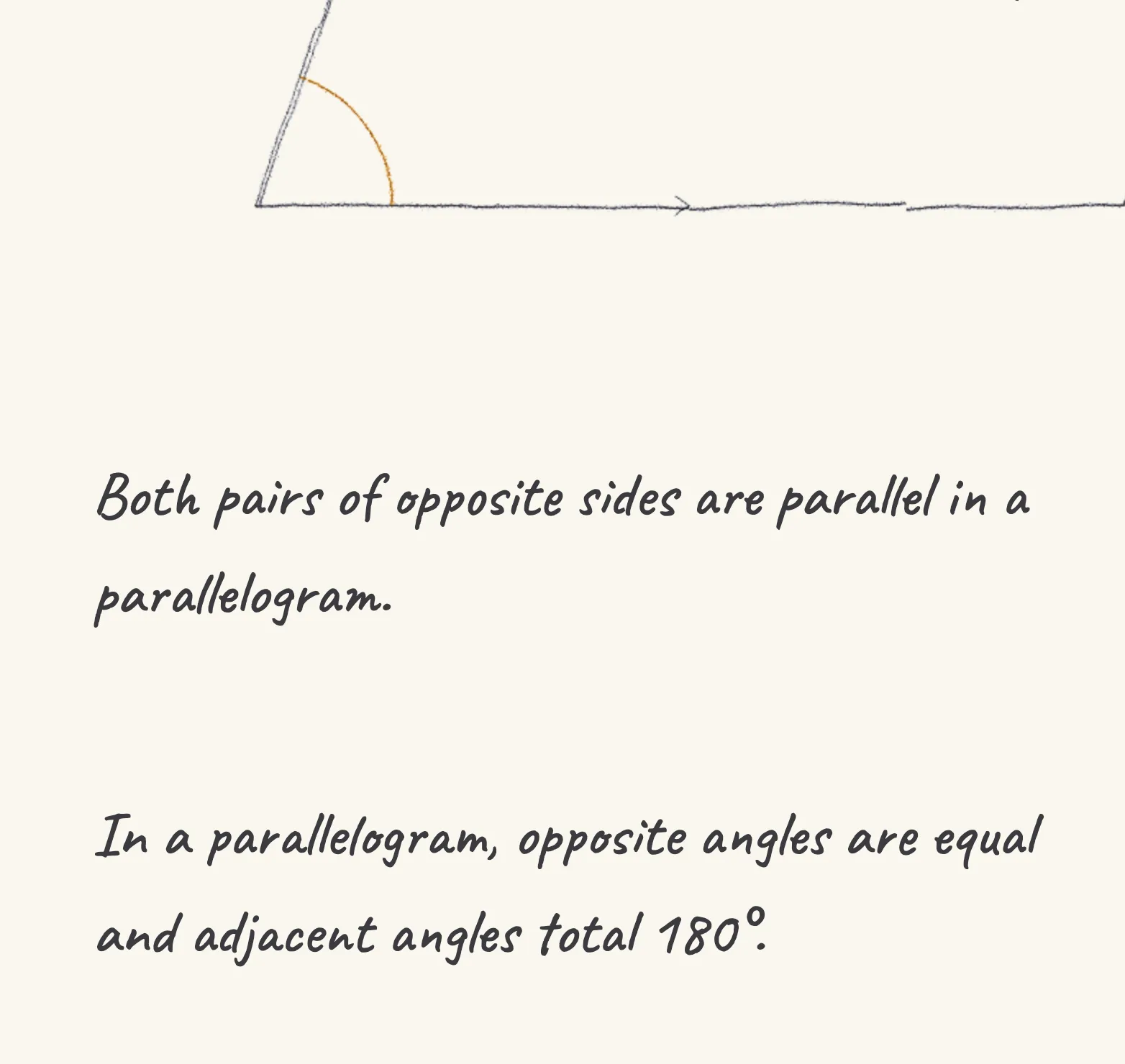 One step of the worked solution to parallelogram angles, drawn in pencil.