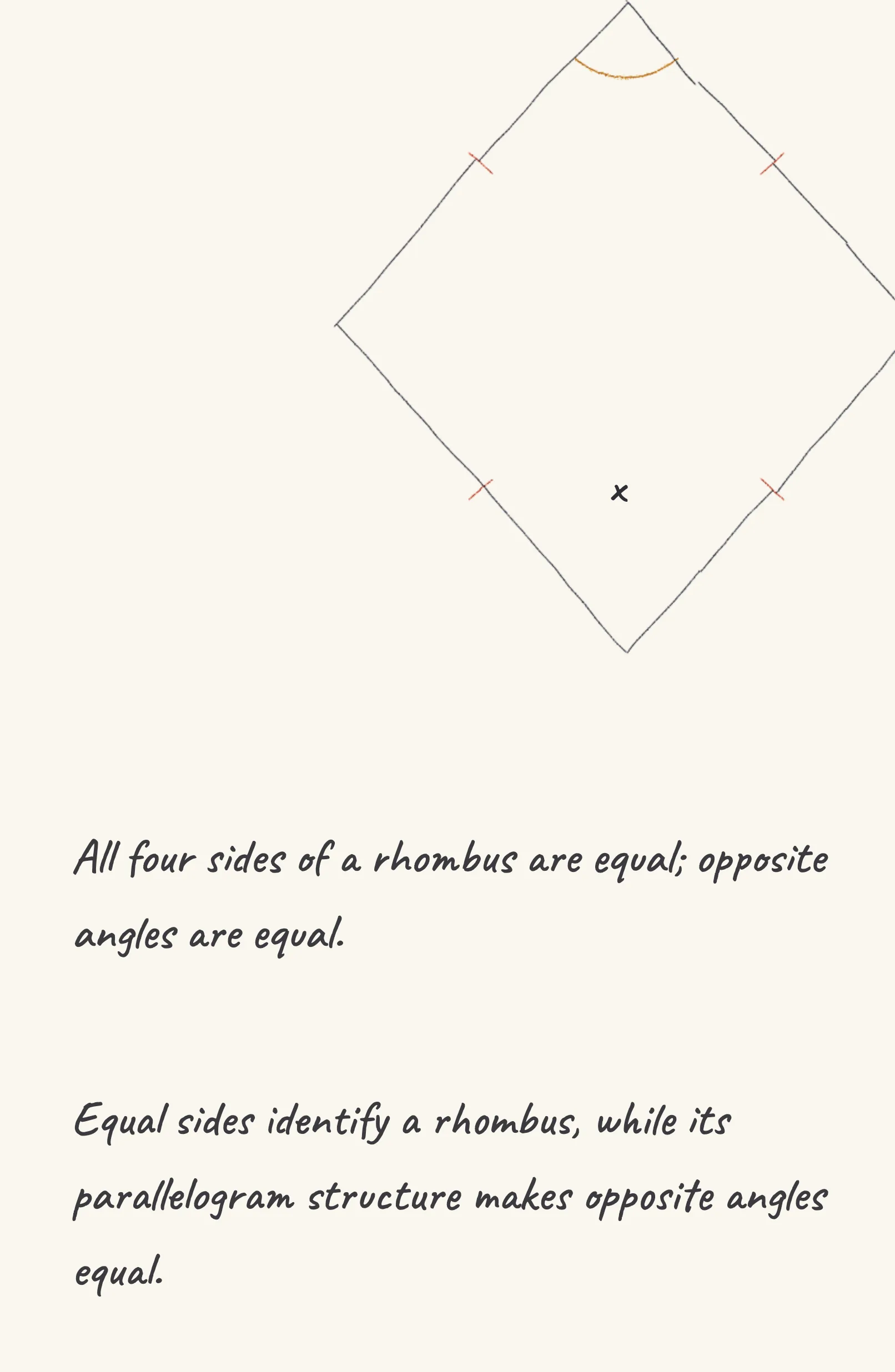 One step of the worked solution to rhombus angles, drawn in pencil.