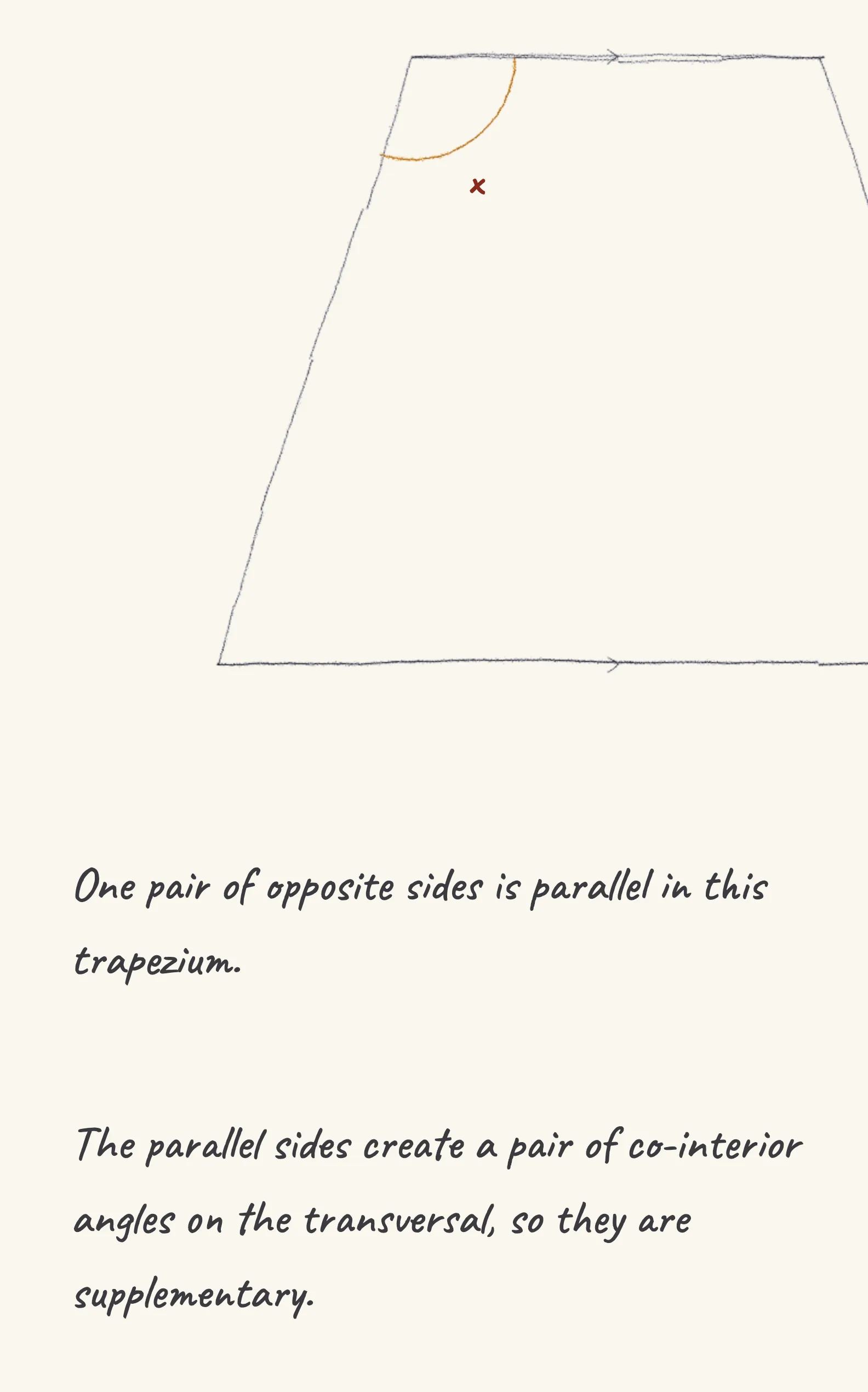 One step of the worked solution to trapezium angles, drawn in pencil.