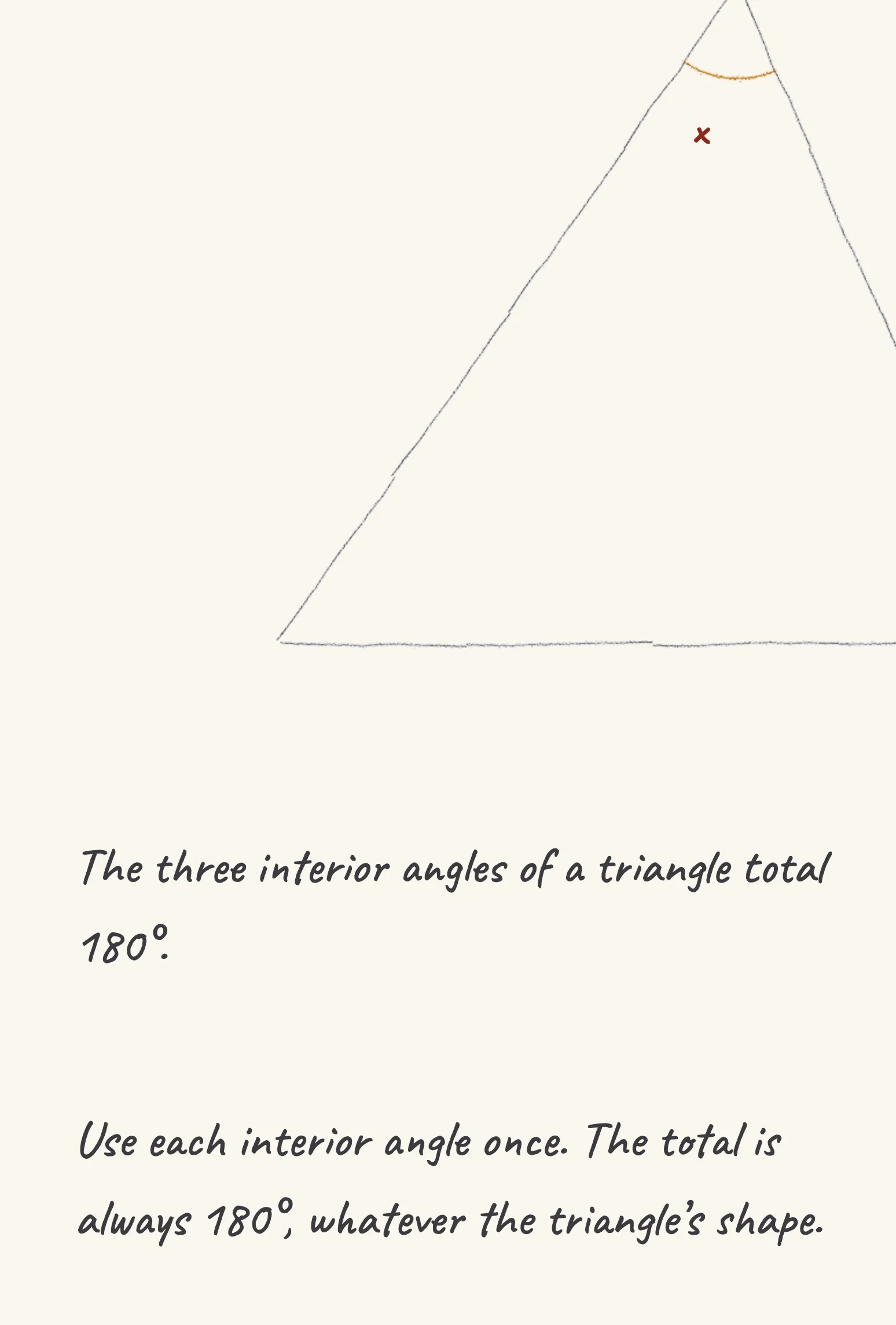 One step of the worked solution to triangle angle total, drawn in pencil.