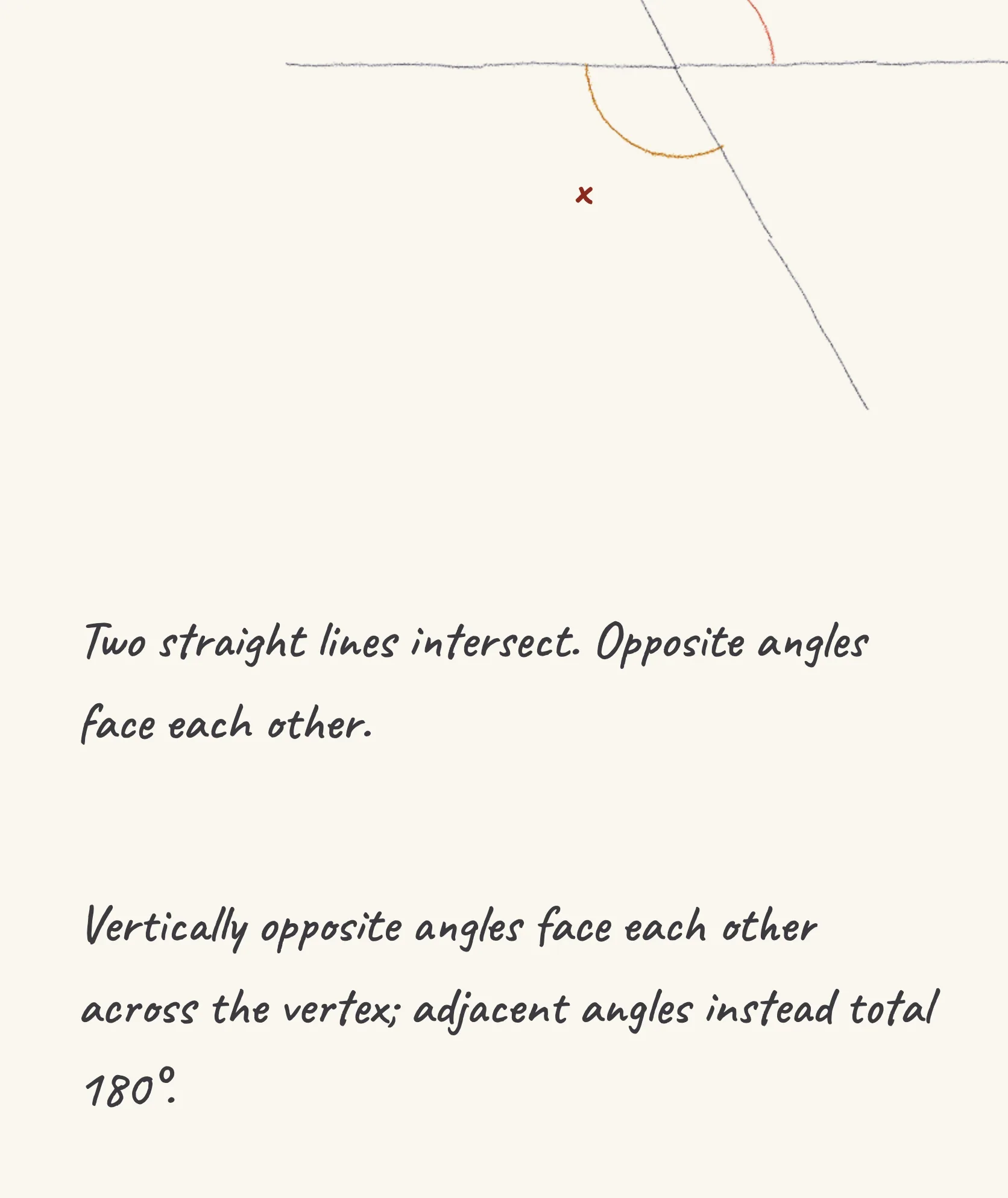 One step of the worked solution to vertically opposite angles, drawn in pencil.