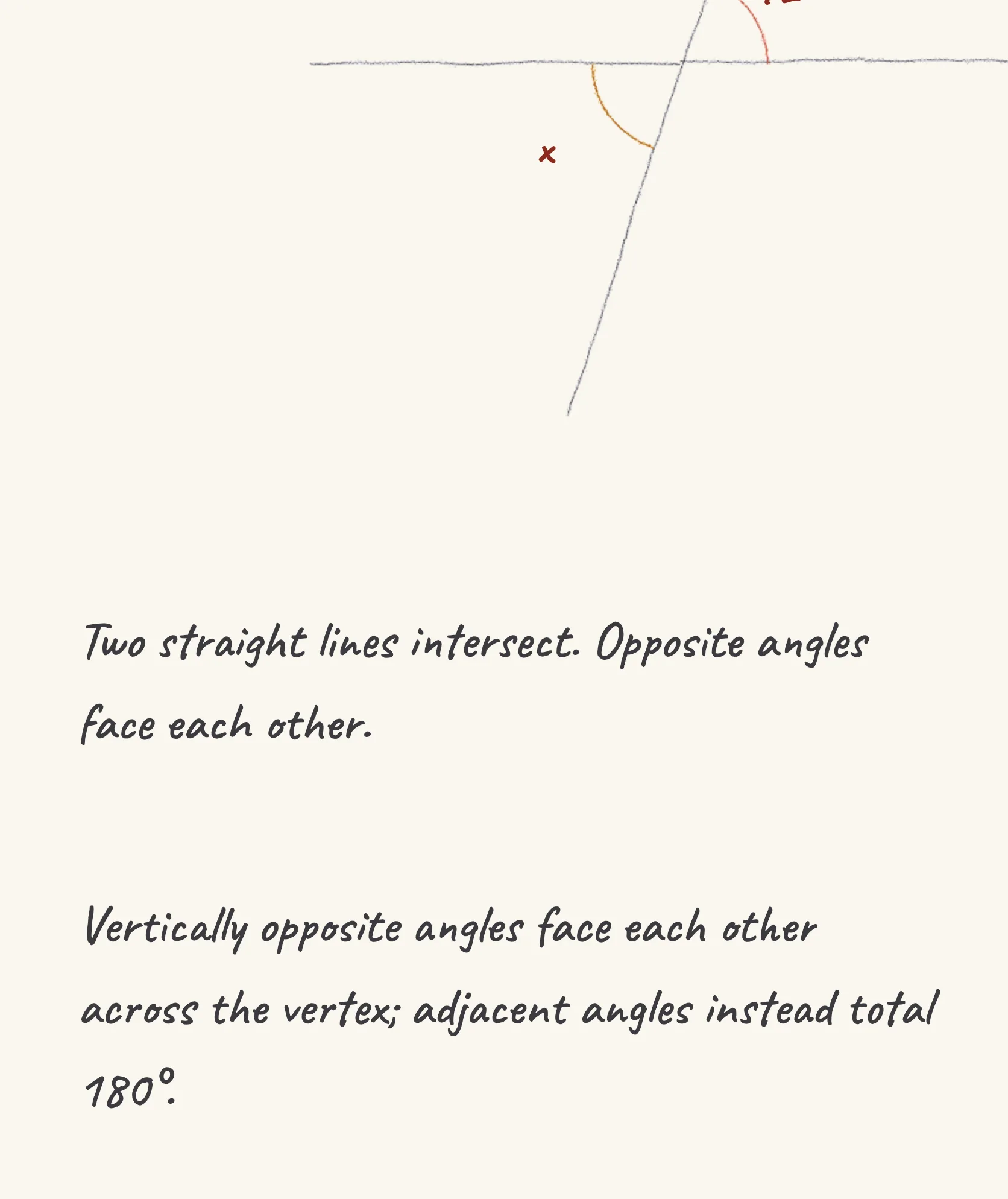 One step of the worked solution to vertically opposite angles, drawn in pencil.