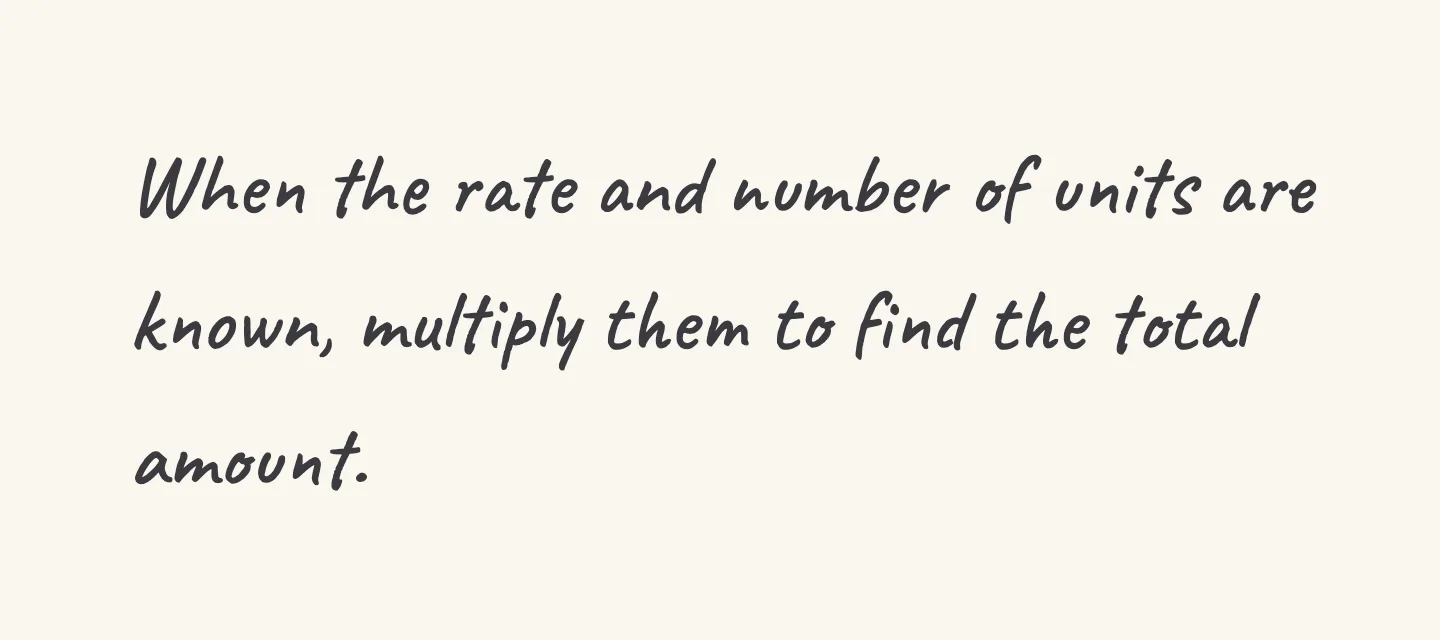One step of the worked solution to Find an amount from a rate, drawn in pencil.