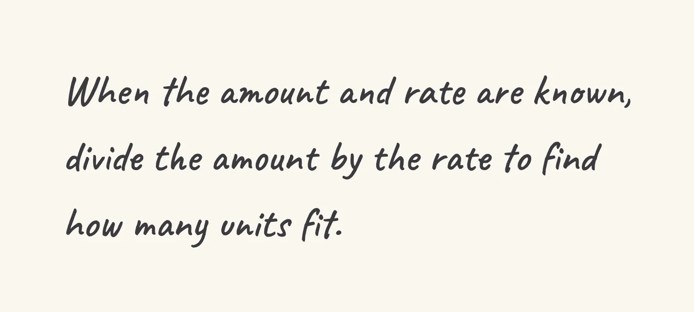One step of the worked solution to Find units from an amount and rate, drawn in pencil.