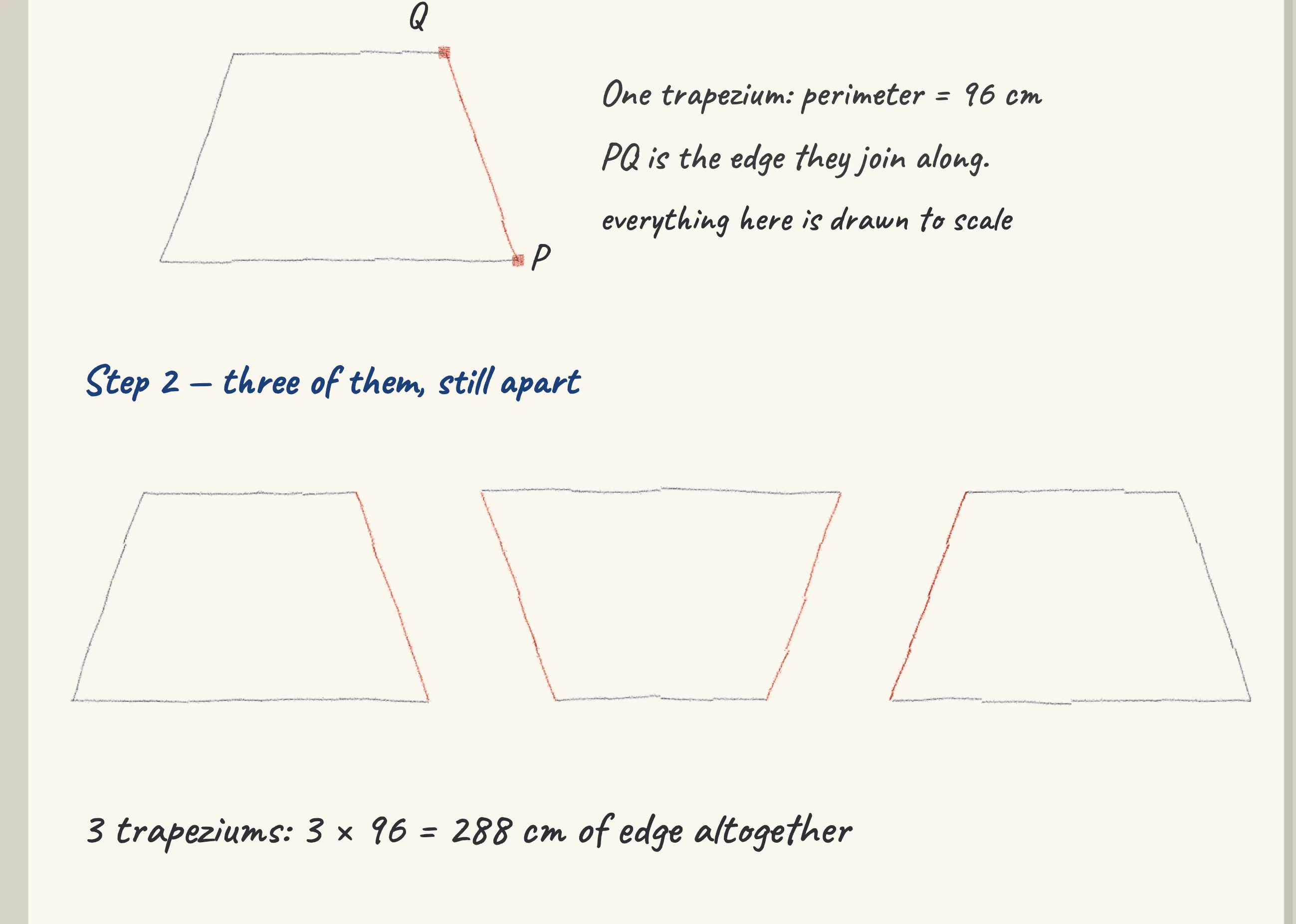 One step of the worked solution to PSLE 2023 — Three trapeziums perimeter, drawn in pencil.