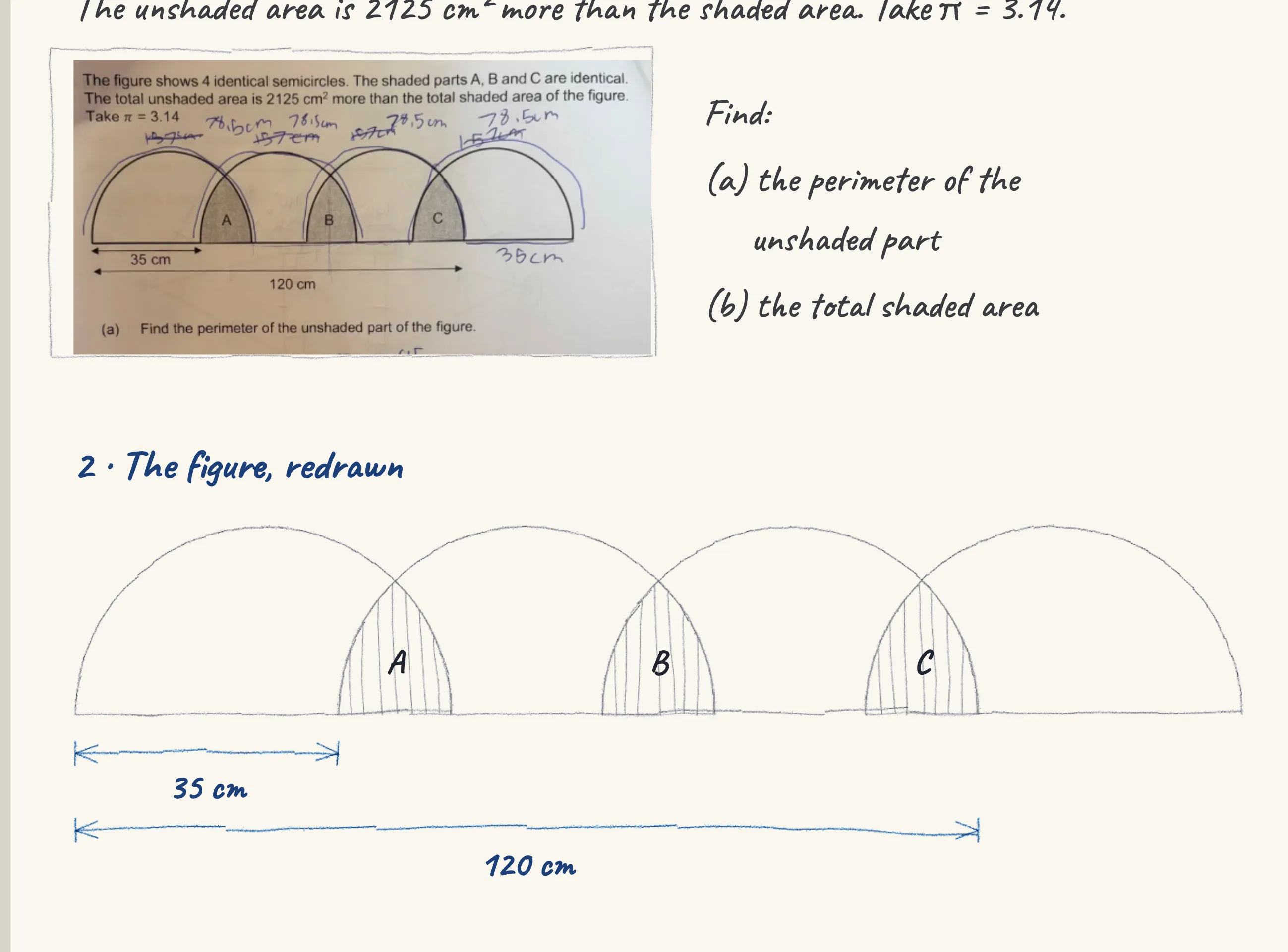 One step of the worked solution to PSLE overlapping shapes, drawn in pencil.