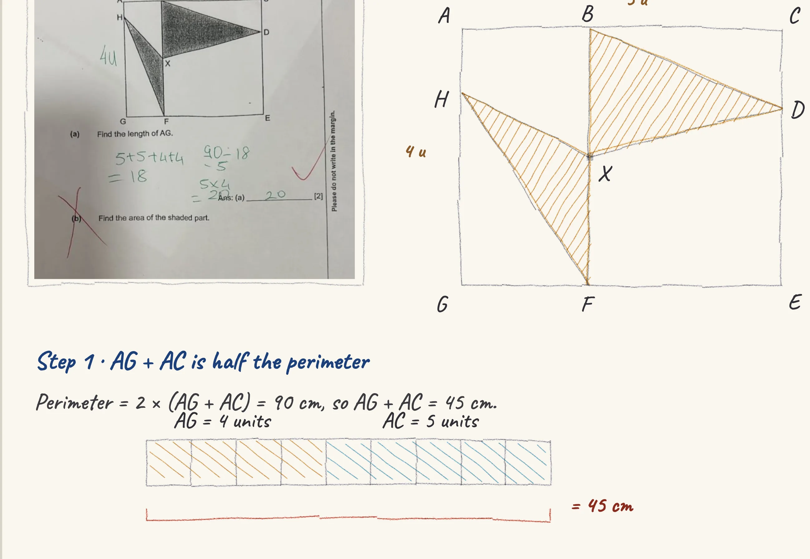 One step of the worked solution to Rectangle ACEG — the shaded triangles, drawn in pencil.