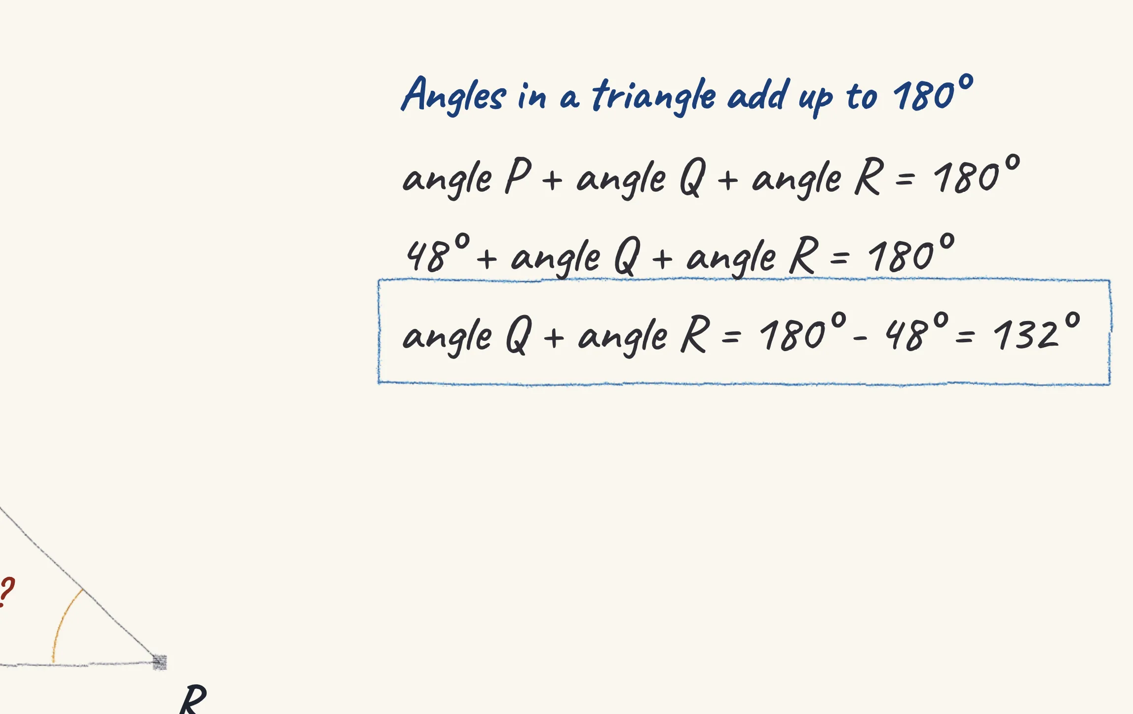 One step of the worked solution to Triangle PQR — angle Q is twice angle R, drawn in pencil.