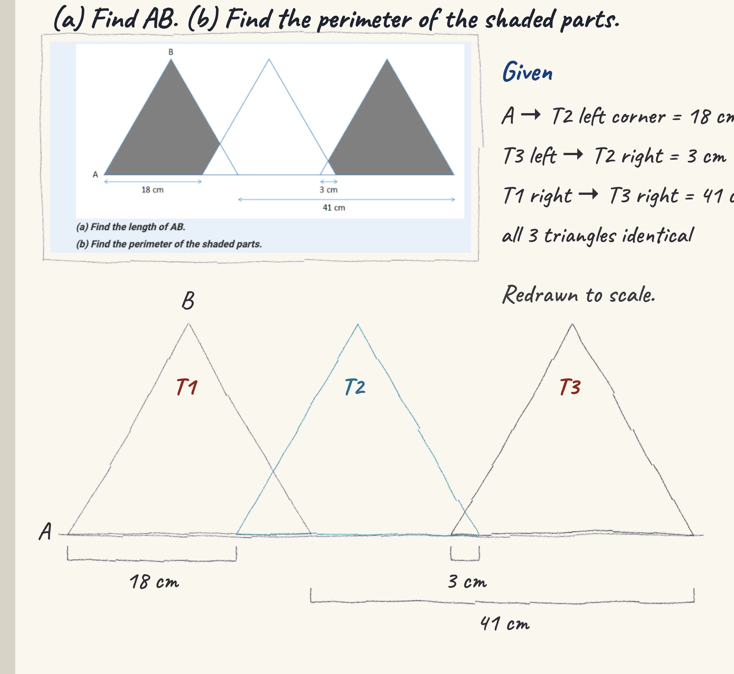 One step of the worked solution to Three overlapping triangles — the shaded perimeter, drawn in pencil.