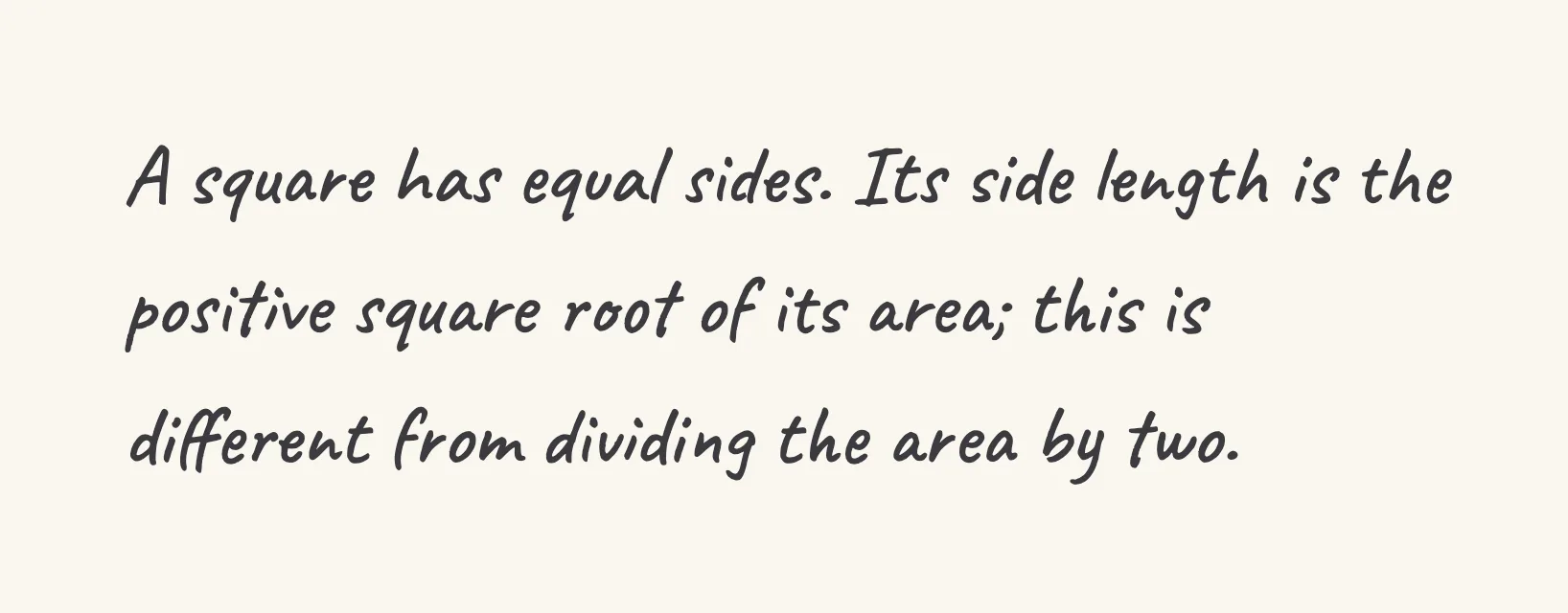 One step of the worked solution to A square with area 64 cm², drawn in pencil.